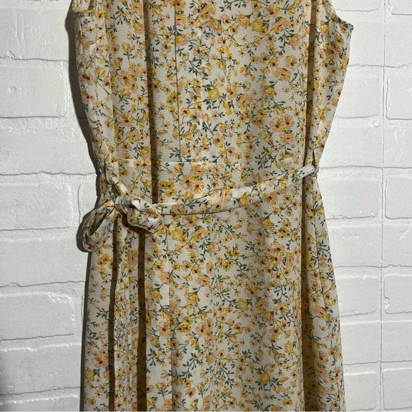 Womens Monteau Dress with Ruffle Sleeves & Waist Tie Floral Yellow Large - Picture 3 of 8